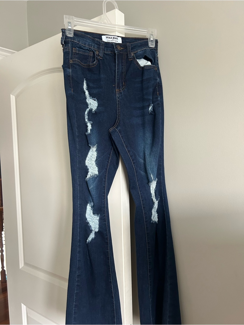 Wax Jean Women's Dark Blue Distressed Flare Jeans